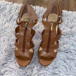 Tan bootie open toed heels